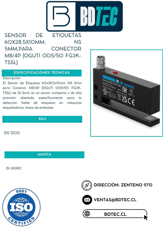 Sensor de etiquetas 60x28,5x10mm, ns 5mm,para conector m8/4p [OGUTI 005/50 FG3K-TSSL]