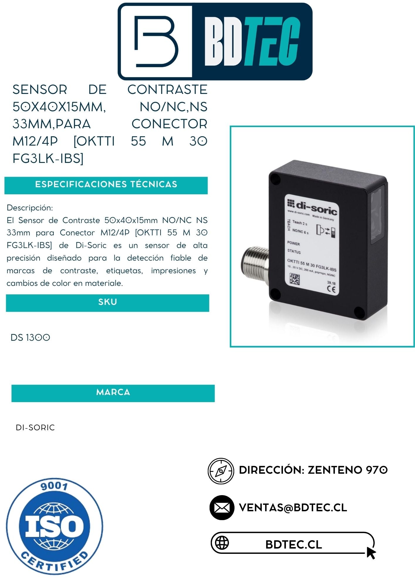 Sensor de contraste 50x40x15mm, no/nc,ns 33mm,para conector m12/4p [OKTTI 55 M 30 FG3LK-IBS]