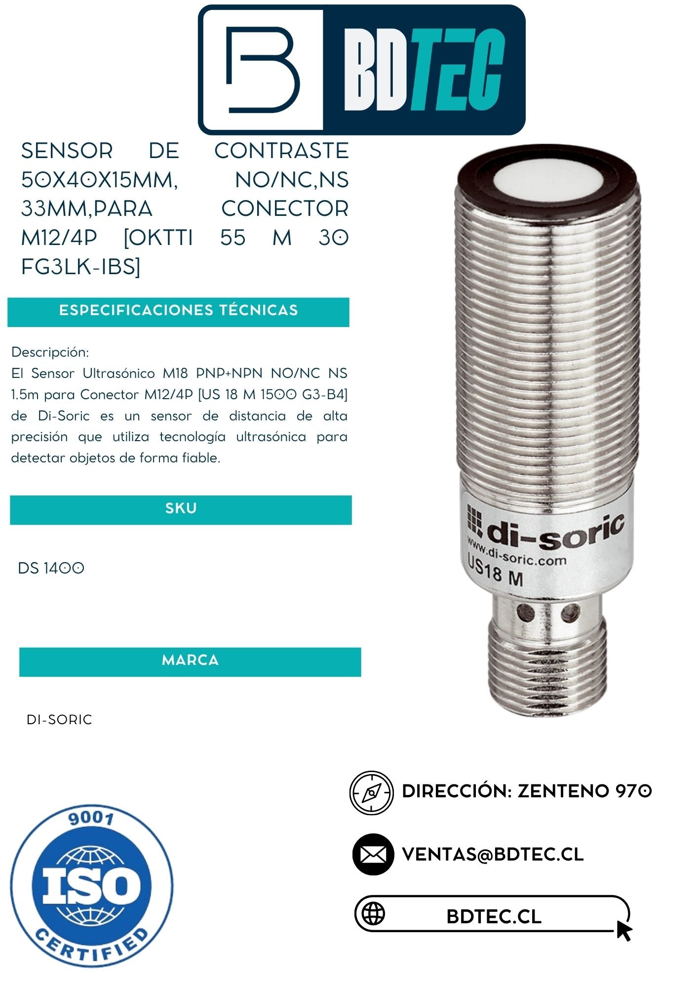 Sensor ultrasonico m18, pnp+npn [US 18 M 1500 G3-B4]