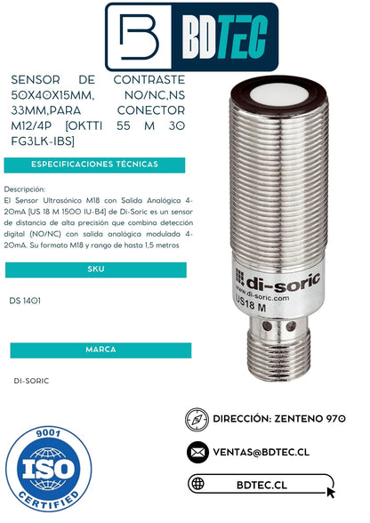 Sensor ultrasónico M18, NO/NC, sn 1.5 m, para conector M12/4P, salida modulada 4-20 mA DI-SORIC US 18 M 1500 IU-B4 - vista 2