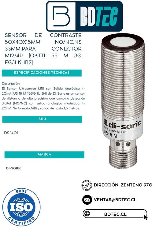 Sensor ultrasonico m18, no/nc,ns 1.5m,para conector m12/4p, salida modulada 4-20ma [US 18 M 1500 IU-B4]