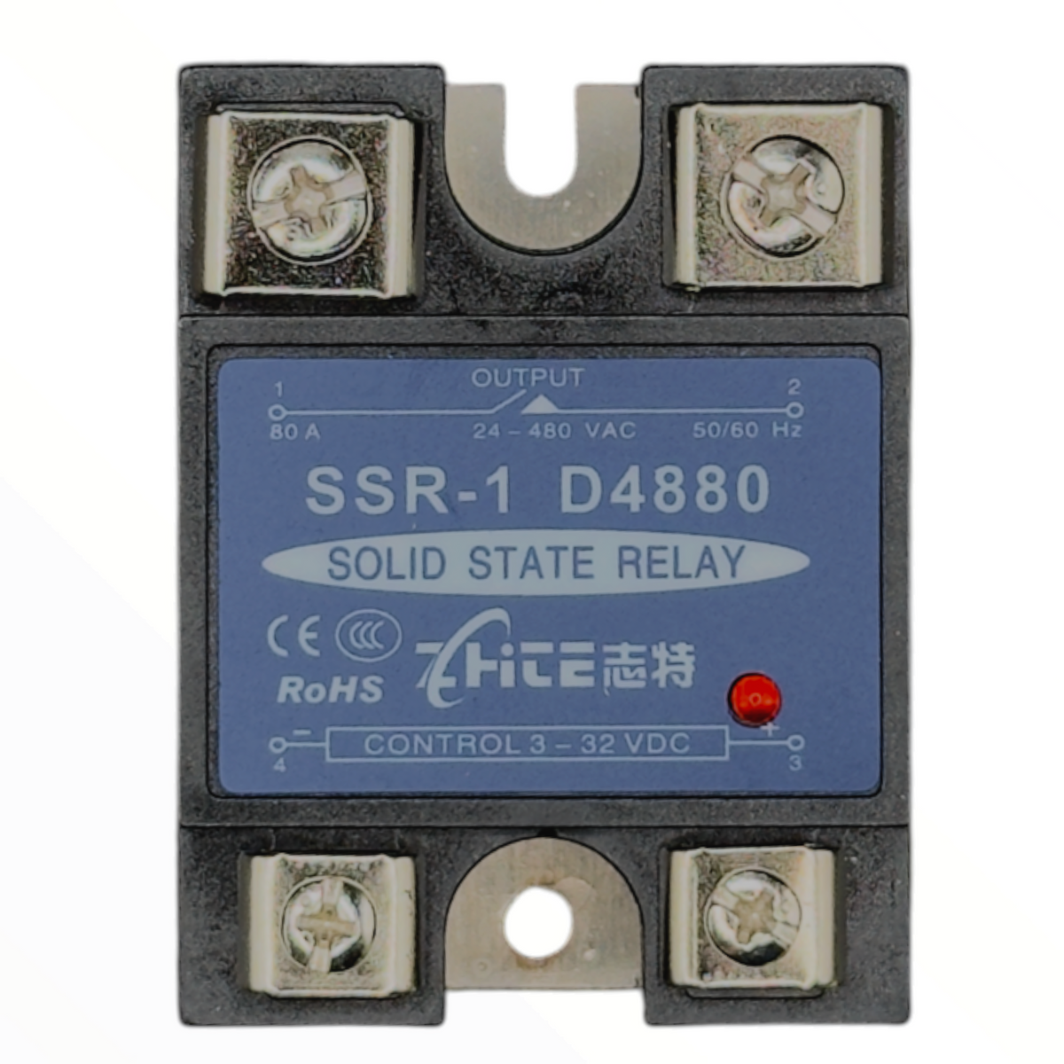 Relé de estado sólido monofásico 80 A, control 3-32 VDC, carga 24-480 VAC IBEST SSR-1 D4880