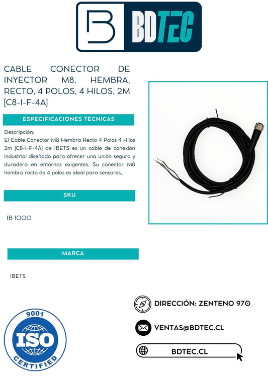 Cable conector de inyector m8, hembra, recto, 4 polos, 4 hilos, 2m [C8-I-F-4A]