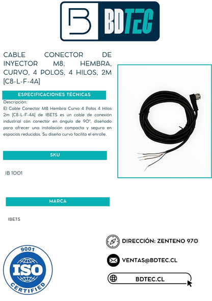Cable conector de inyector M8, hembra, curvo, 4 polos, 4 hilos, 2 m