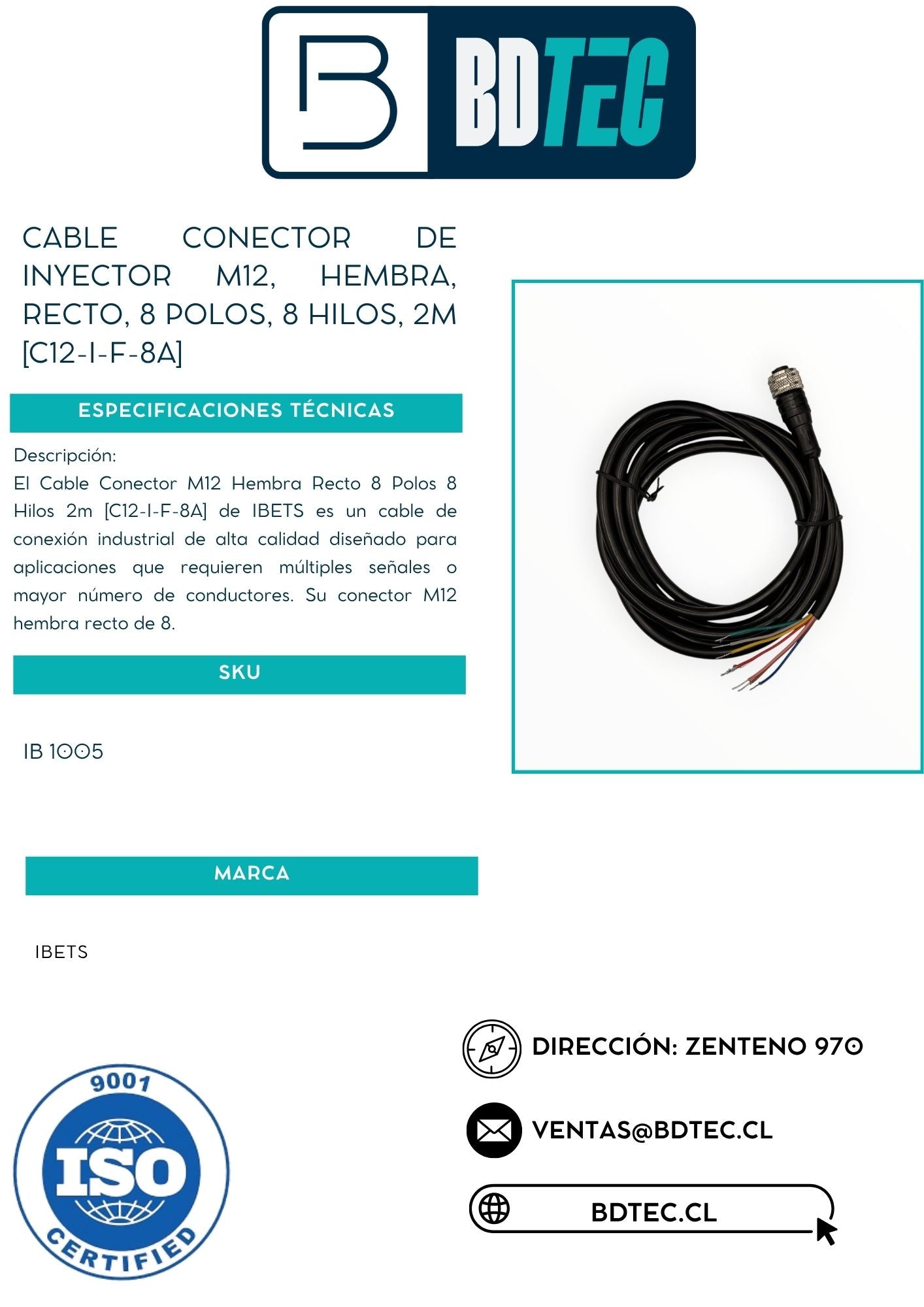 Cable conector de inyector M12, hembra, recto, 8 polos, 8 hilos, 2 m