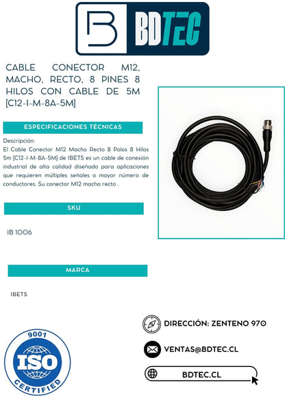 Cable conector M12, macho, recto, 8 pines 8 hilos con cable de 5 m