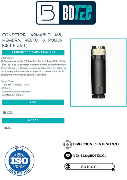 Conector armable m8, hembra, recto, 3 polos [C8-I-F-3A-P]