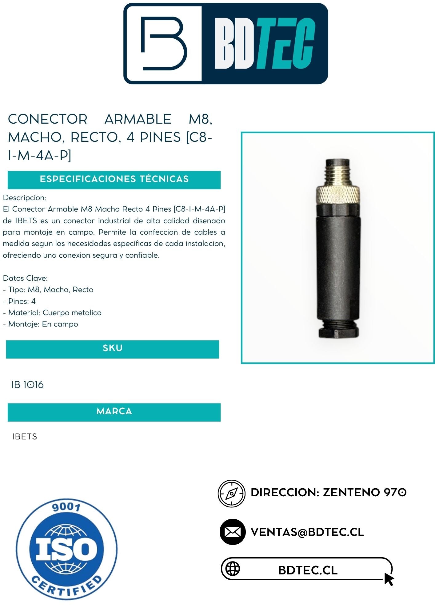 Conector armable M8, macho, recto, 4 pines