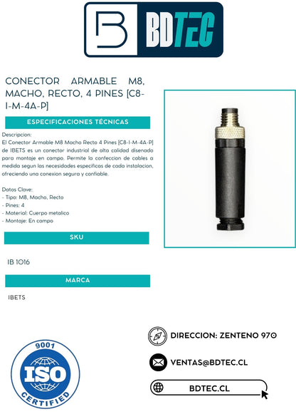 Conector armable M8, macho, recto, 4 pines