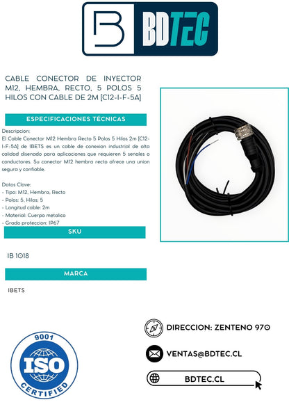 Cable conector de inyector m12, hembra, recto, 5 polos 5 hilos con cable de 2m [C12-I-F-5A]