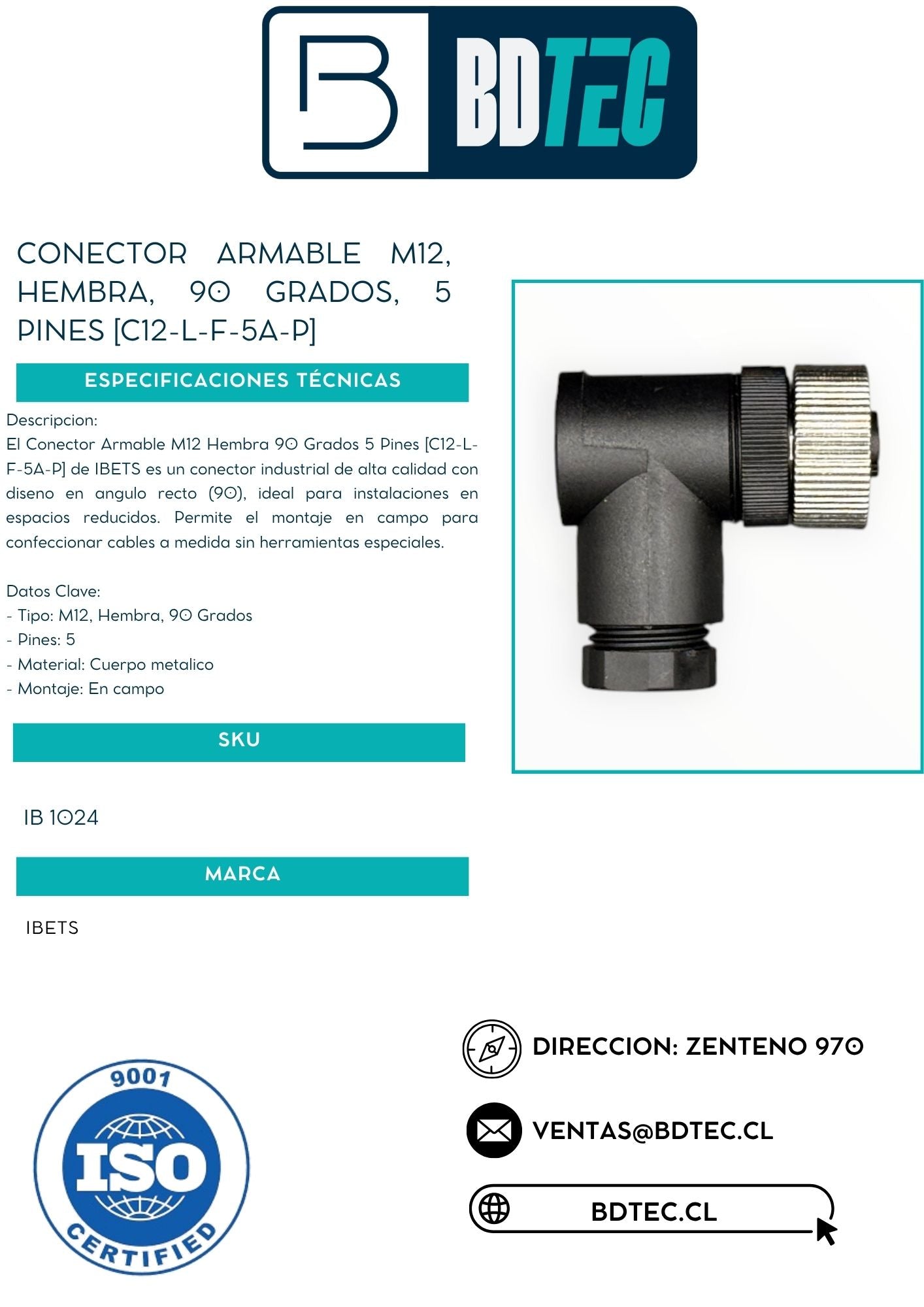 Conector armable m12, hembra, 90 grados, 5 pines [C12-L-F-5A-P]