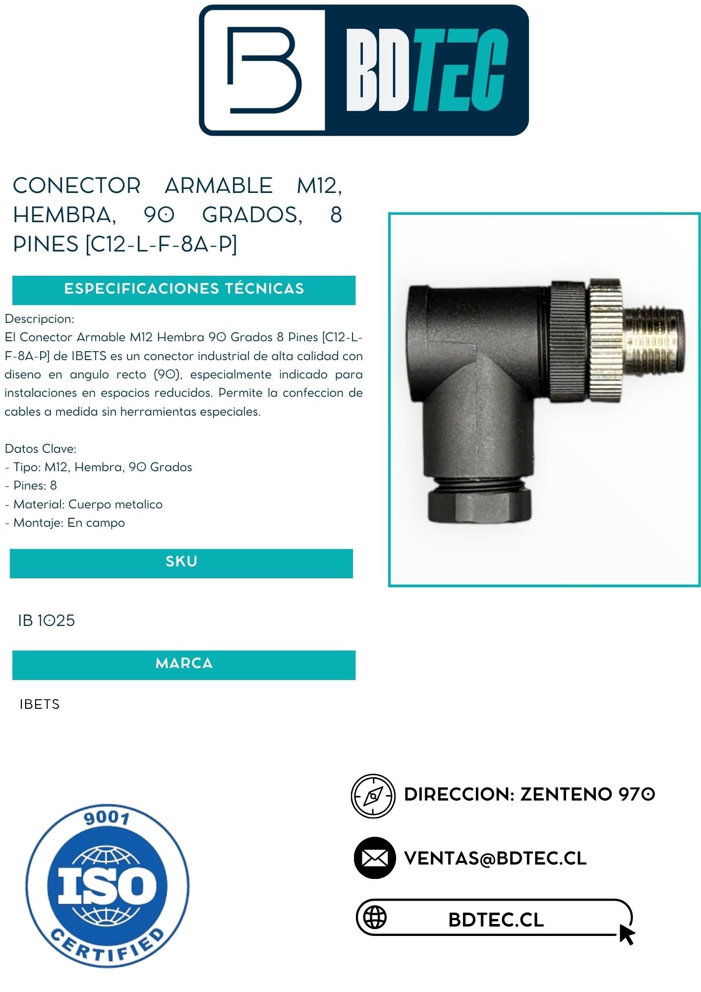 Conector armable m12, hembra, 90 grados, 8 pines [C12-L-F-8A-P]