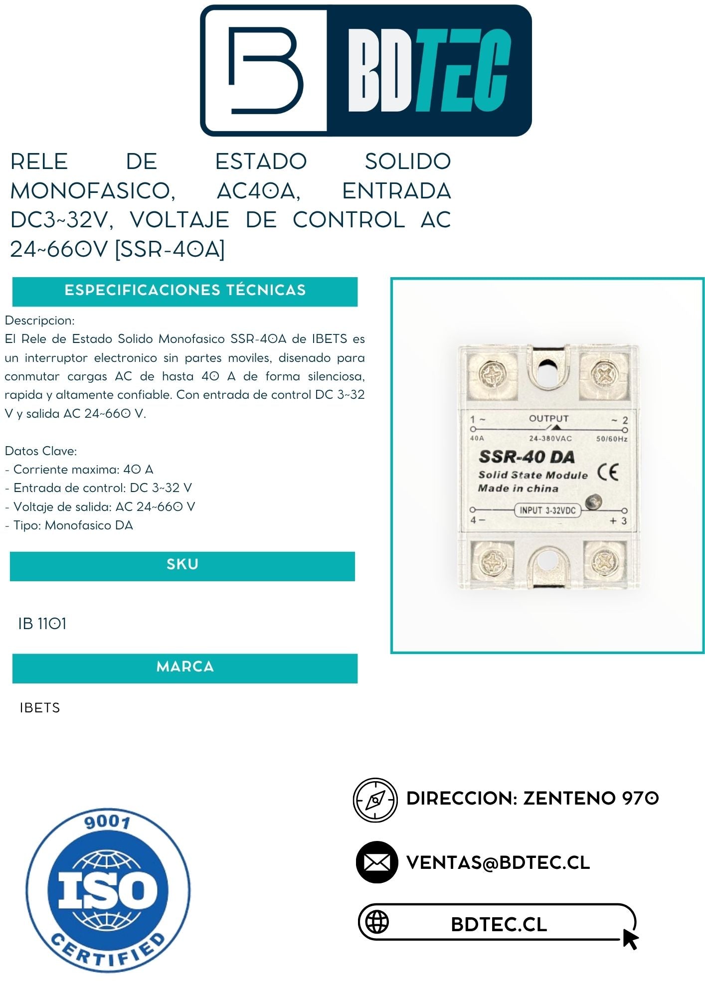 Rele de estado solido monofasico, ac40a, entrada dc3~32v, voltaje de control ac 24~660v [SSR-40A]