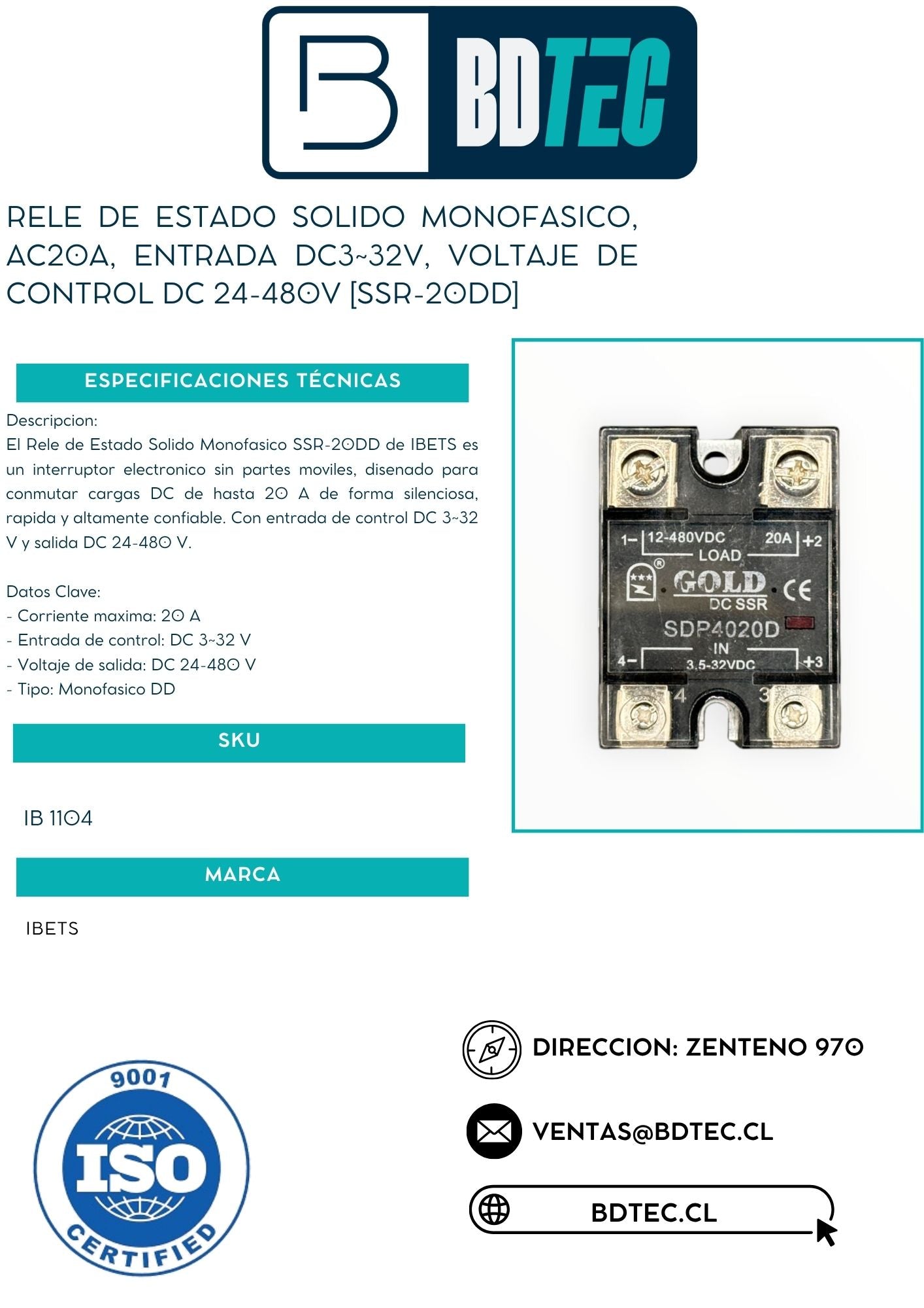 Rele de estado solido monofasico, ac20a, entrada dc3~32v, voltaje de control dc 24-480v [SSR-20DD]