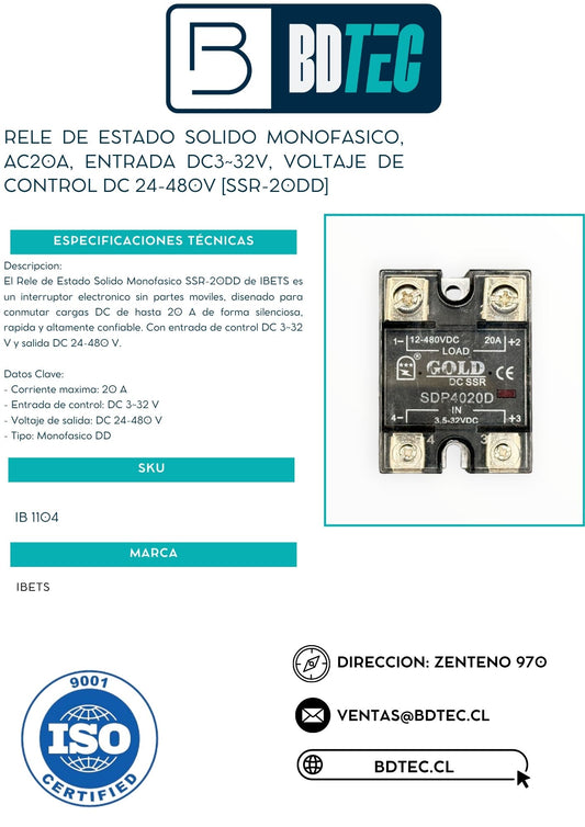 Rele de estado solido monofasico, ac20a, entrada dc3~32v, voltaje de control dc 24-480v [SSR-20DD]