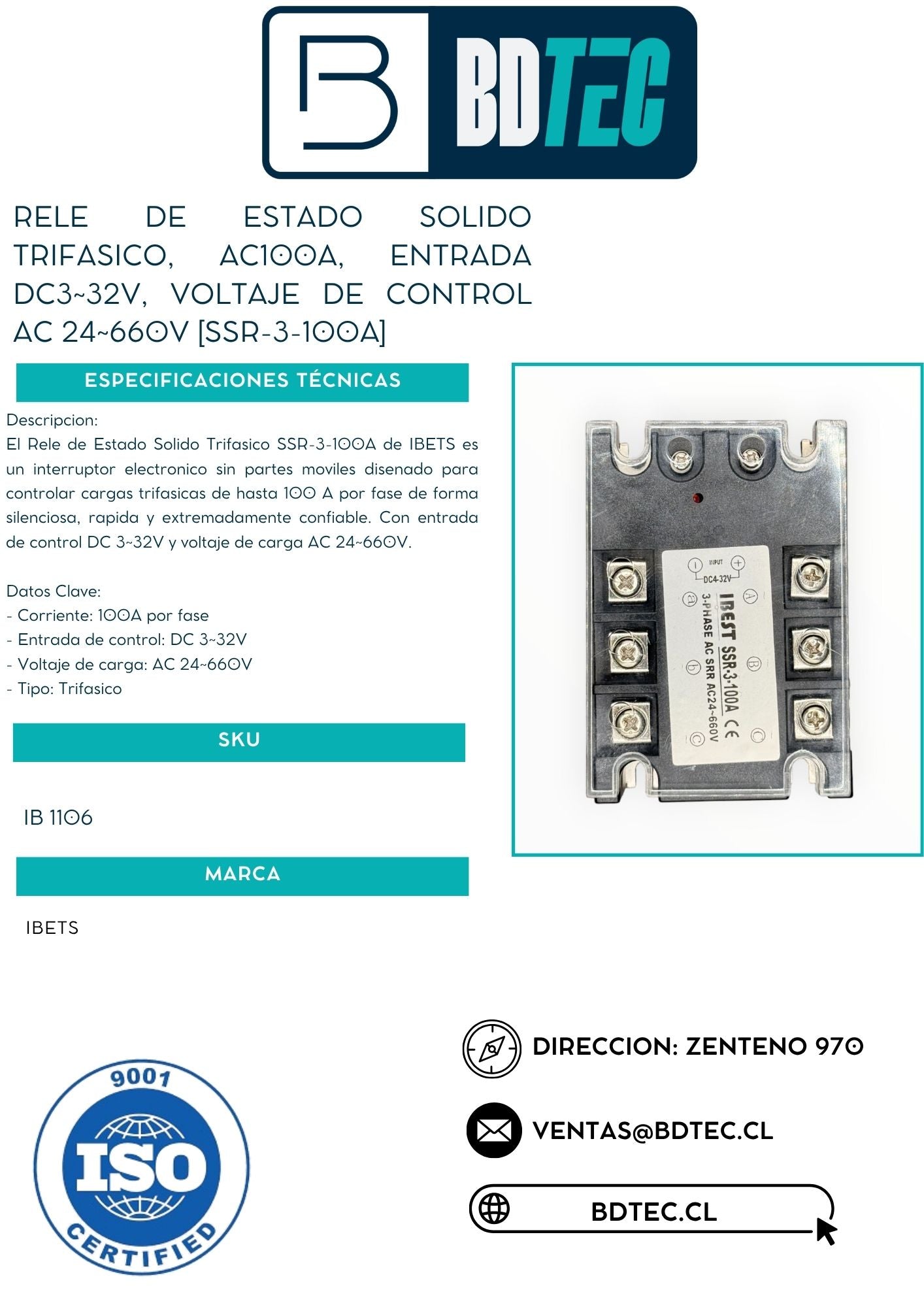Rele de estado solido trifasico, ac100a, entrada dc3~32v, voltaje de control ac 24~660v [SSR-3-100A]
