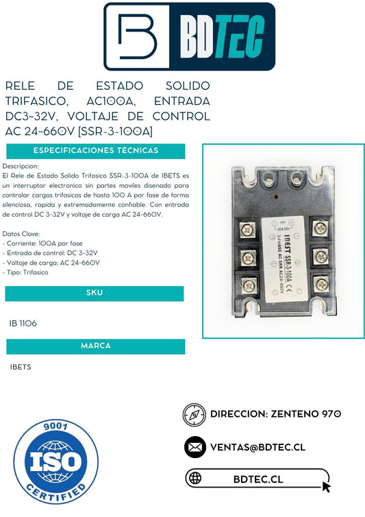 Rele de estado solido trifasico, ac100a, entrada dc3~32v, voltaje de control ac 24~660v [SSR-3-100A]