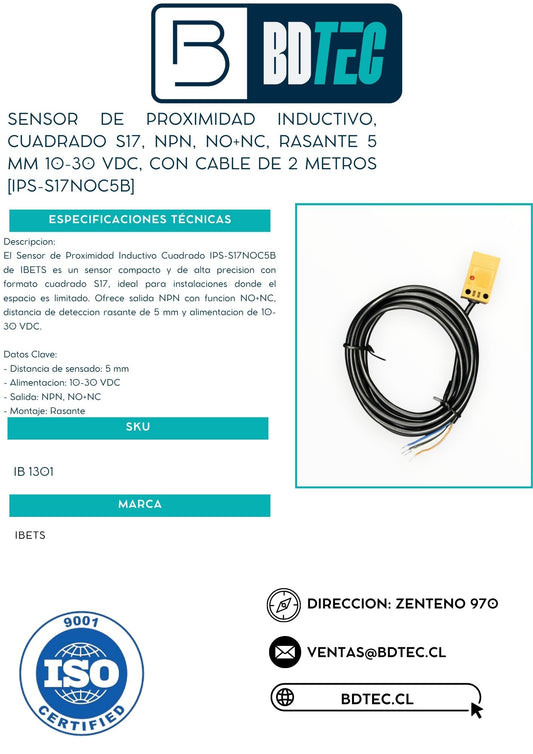 Sensor de proximidad inductivo, cuadrado s17, npn, no+nc, rasante 5 mm 10-30 vdc, con cable de 2 metros [IPS-S17NOC5B]