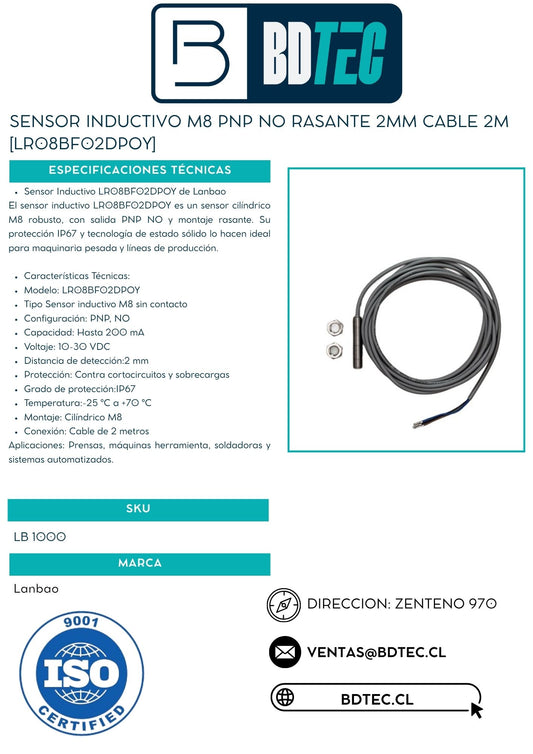 Sensor inductivo M8 PNP NO rasante 2mm cable 2M [LR08BF02DPOY]