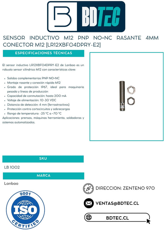 Sensor inductivo M12 PNP NO+NC rasante 4mm conector M12 [LR12XBF04DPRY-E2]