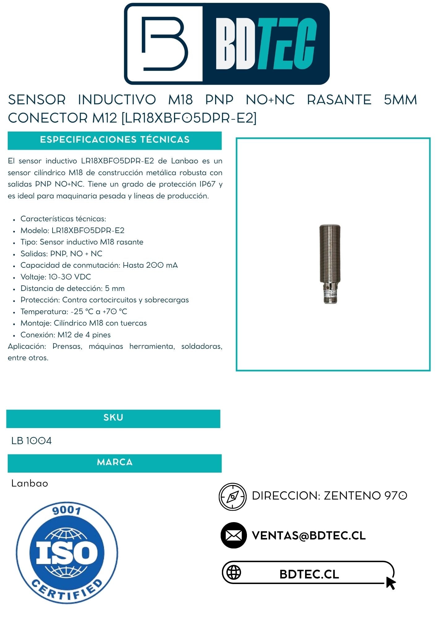 Sensor inductivo M18 PNP NO+NC rasante 5mm conector M12 [LR18XBF05DPR-E2]