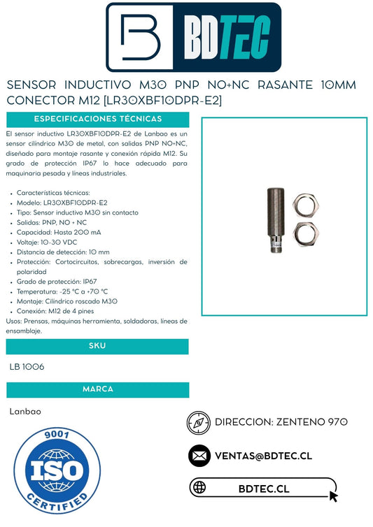 Sensor inductivo M30 PNP NO+NC rasante 10mm conector M12 [LR30XBF10DPR-E2]