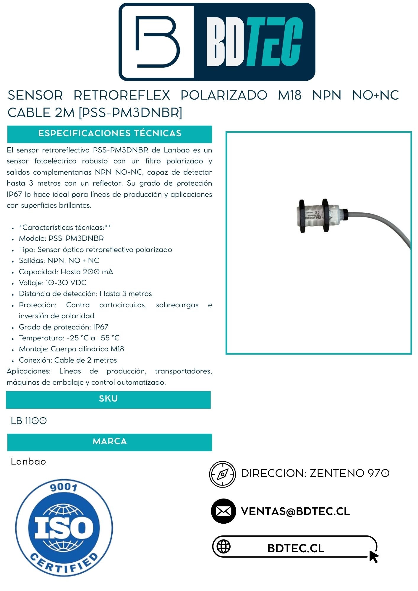 Sensor retroreflex polarizado M18 NPN NO+NC cable 2M [PSS-PM3DNBR]