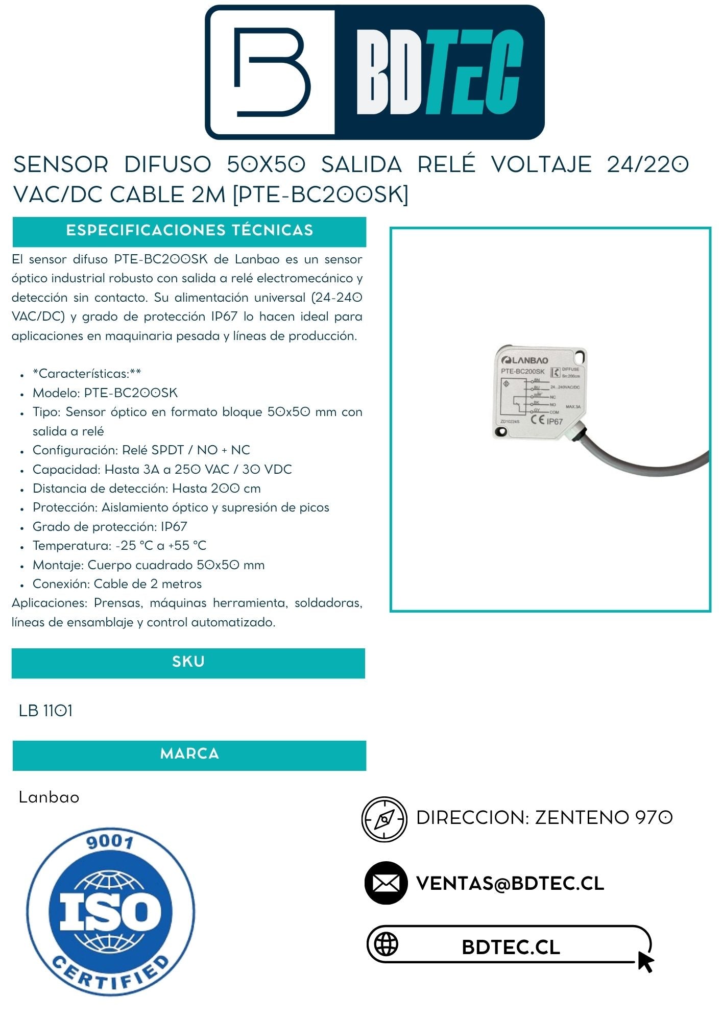 Sensor difuso 50x50 salida relé voltaje 24/220 VAC/DC cable 2M [PTE-BC200SK]