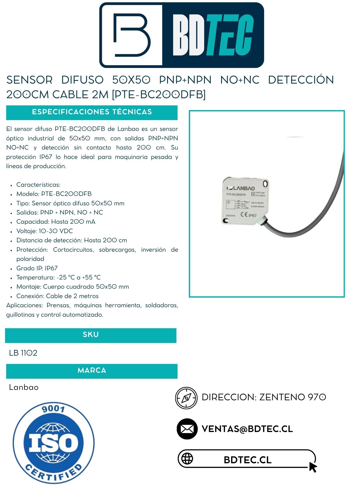 Sensor difuso 50x50 PNP+NPN NO+NC detección 200cm cable 2M [PTE-BC200DFB]