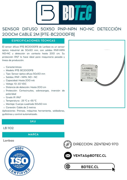 Sensor difuso 50x50 PNP+NPN NO+NC detección 200cm cable 2M [PTE-BC200DFB]