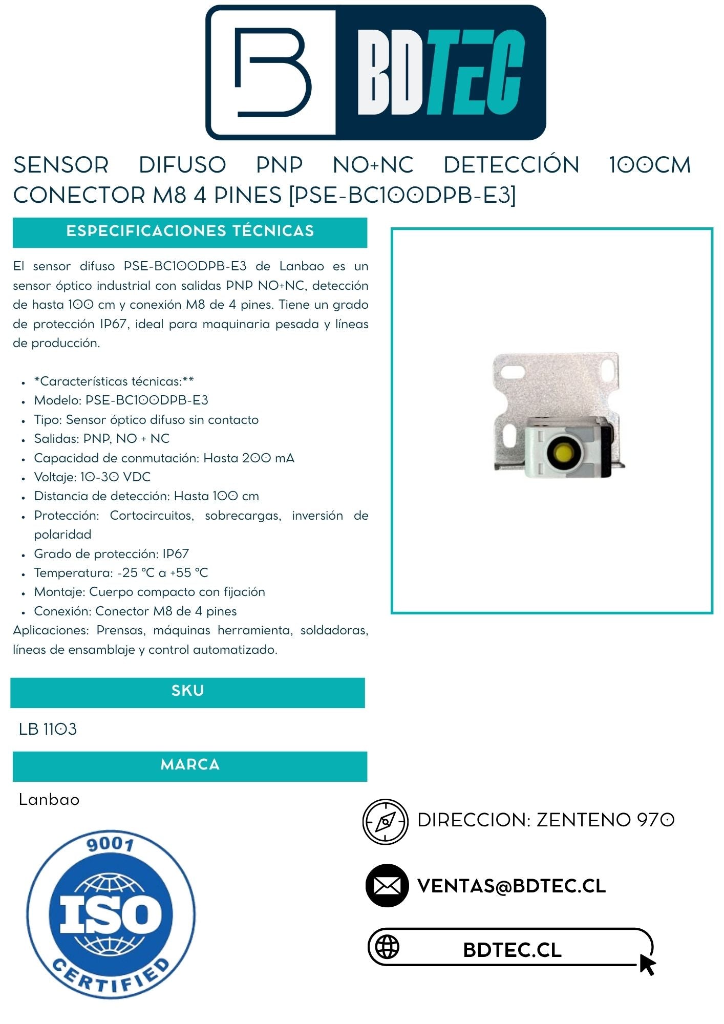 Sensor difuso PNP NO+NC detección 100cm conector M8 4 pines [PSE-BC100DPB-E3]