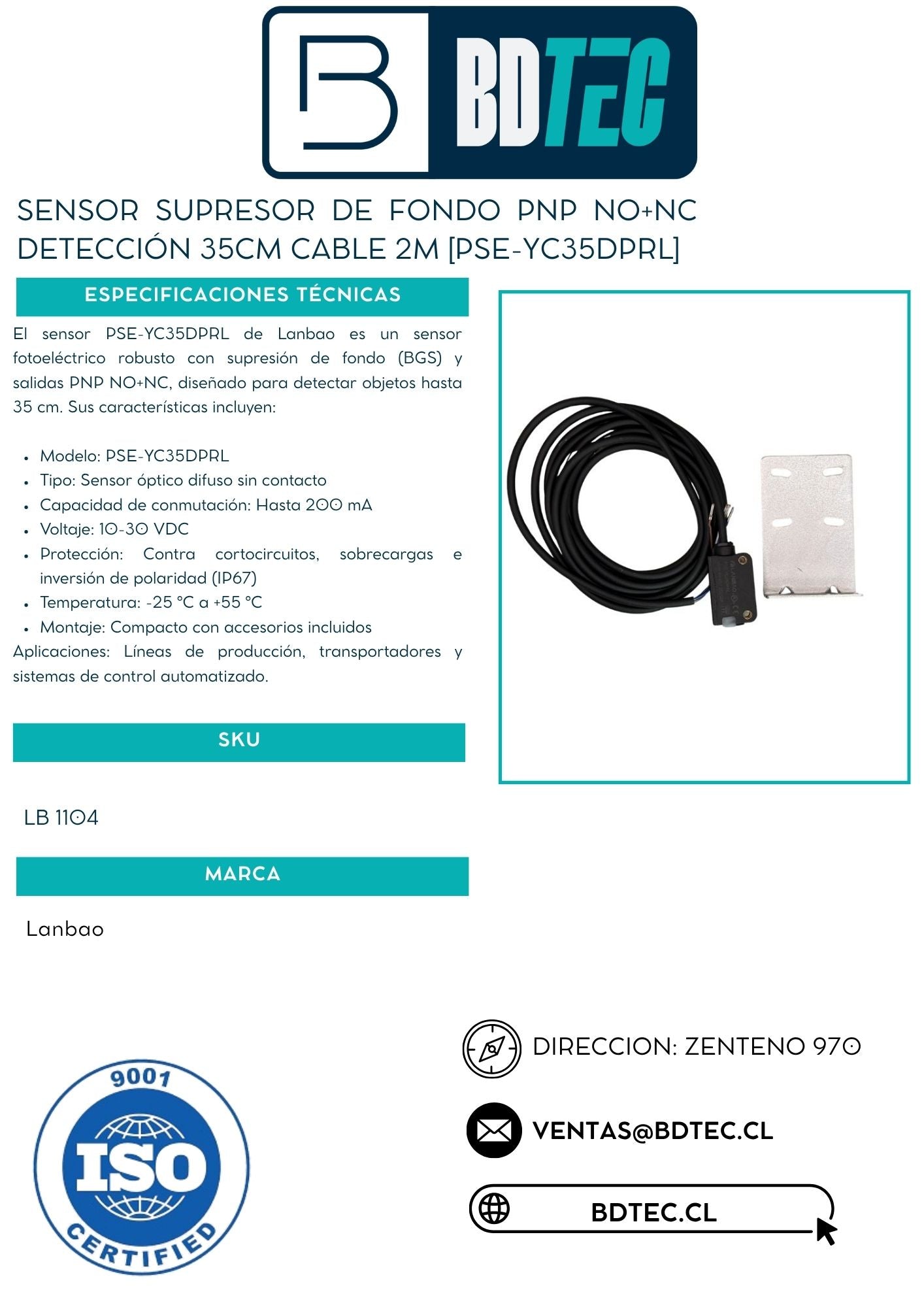 Sensor supresor de fondo PNP NO+NC detección 35cm cable 2M [PSE-YC35DPRL]