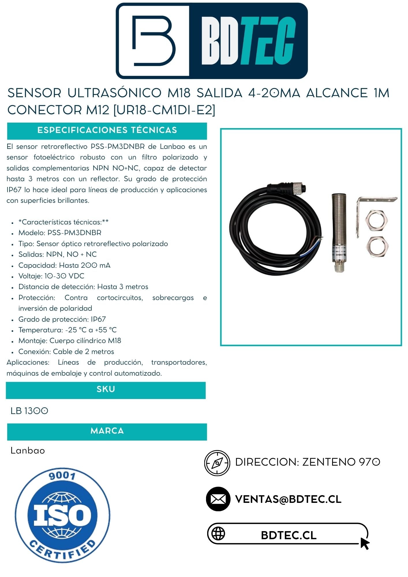 Sensor ultrasónico M18 salida 4-20mA alcance 1m conector M12 [UR18-CM1DI-E2]