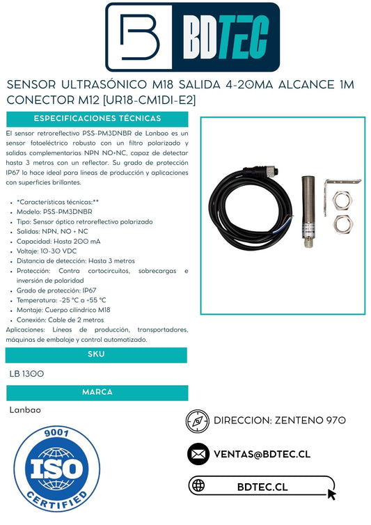 Sensor ultrasónico M18 salida 4-20mA alcance 1m conector M12 [UR18-CM1DI-E2]