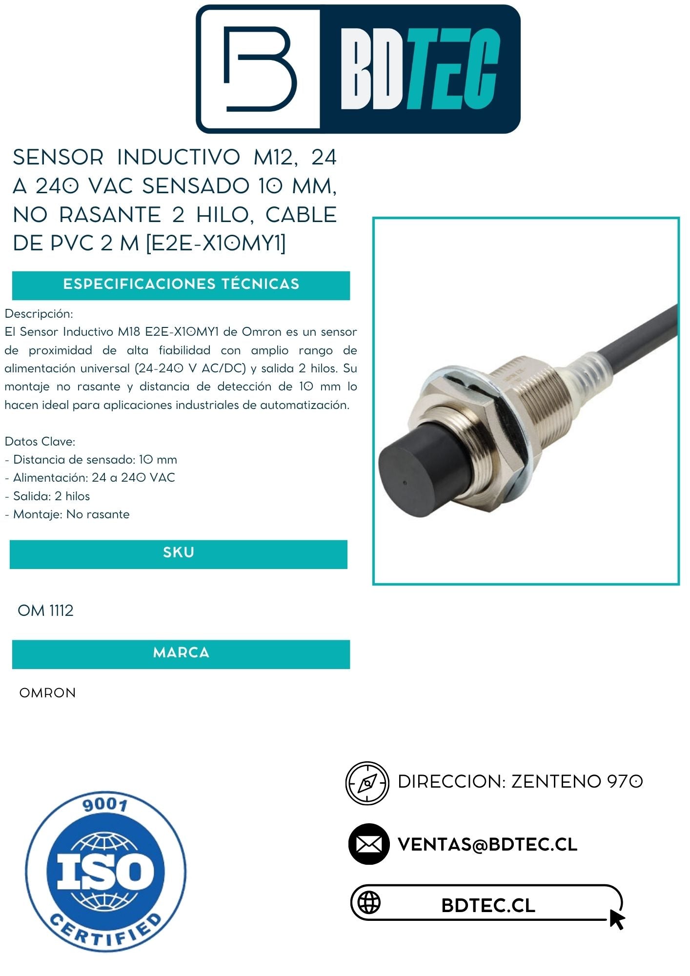 Sensor inductivo m12, 24 a 240 vac sensado 10 mm, no rasante 2 hilo, cable de pvc 2 m [E2E-X10MY1] - SKU: OM 1112 — Automatización Industrial Chile | BDTEC(Ficha técnica)