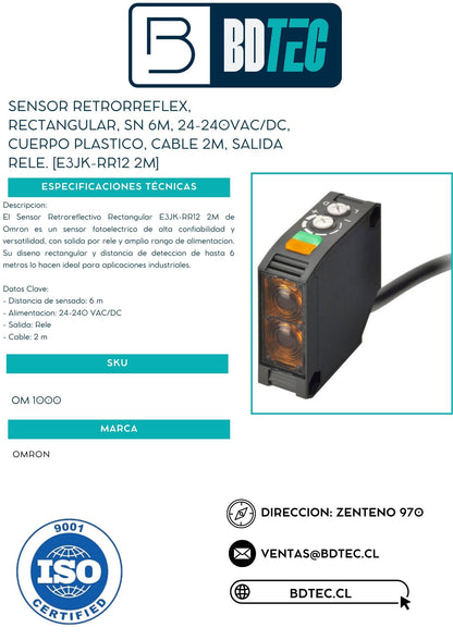 Sensor retrorreflex, rectangular, sn 6m, 24-240vac/dc, cuerpo plastico, cable 2m, salida rele. [E3JK-RR12 2M]