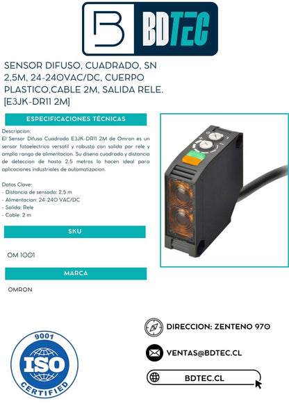 Sensor difuso, cuadrado, sn 2,5m, 24-240vac/dc, cuerpo plastico,cable 2m, salida rele. [E3JK-DR11 2M]