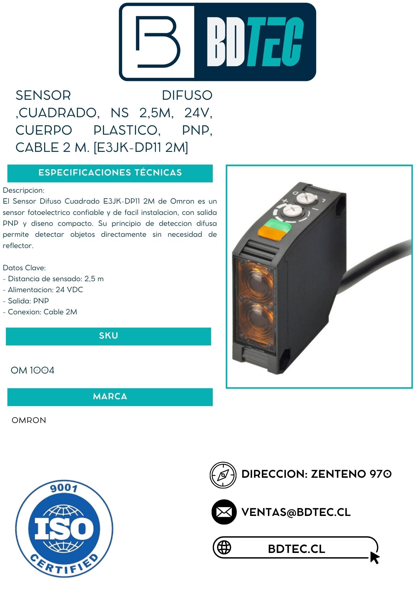 Sensor difuso ,cuadrado, ns 2,5m, 24v, cuerpo plastico, pnp, cable 2 m. [E3JK-DP11 2M]