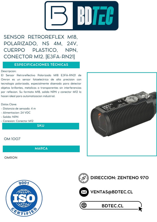 Sensor retroreflex m18, polarizado, ns 4m, 24v, cuerpo plastico, npn, conector m12. [E3FA-RN21]