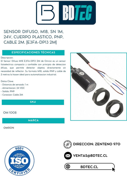 Sensor difuso, M18, sn 1 m, 24 V, cuerpo plástico, PNP, cable 2 m