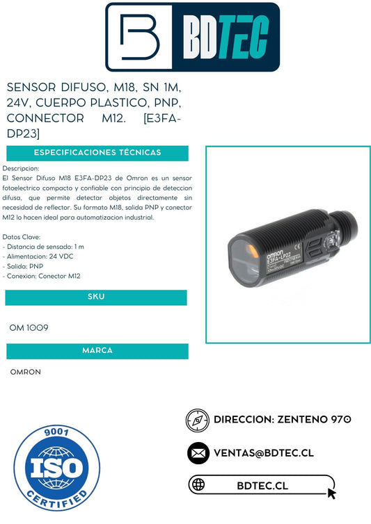 Sensor difuso, m18, sn 1m, 24v, cuerpo plastico, pnp, connector m12. [E3FA-DP23]
