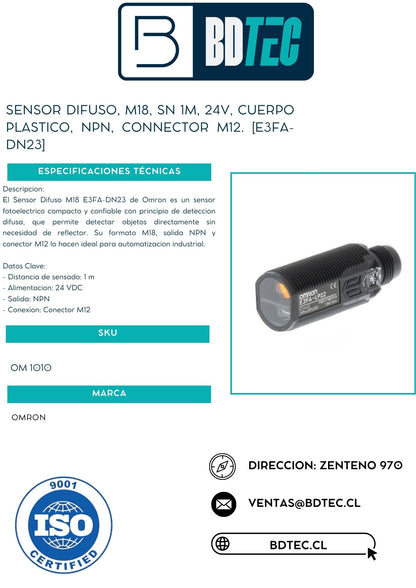 Sensor difuso, m18, sn 1m, 24v, cuerpo plastico, npn, connector m12. [E3FA-DN23]