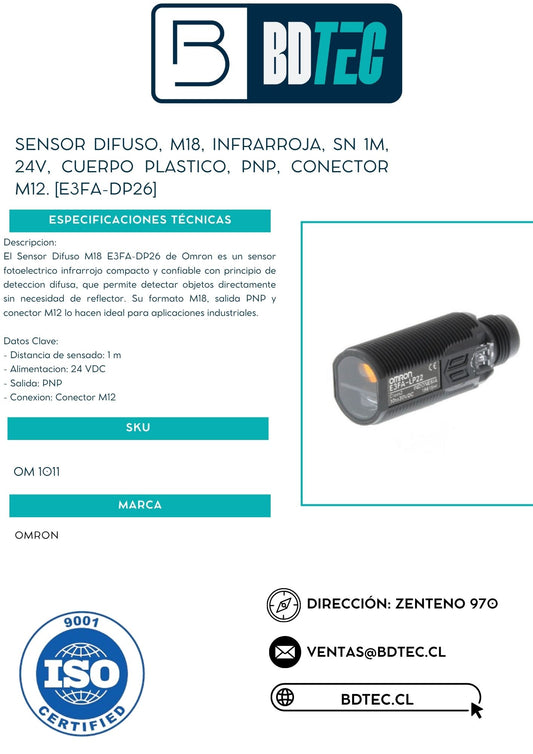 Sensor difuso, m18, infrarroja, sn 1m, 24v, cuerpo plastico, pnp, conector m12. [E3FA-DP26]