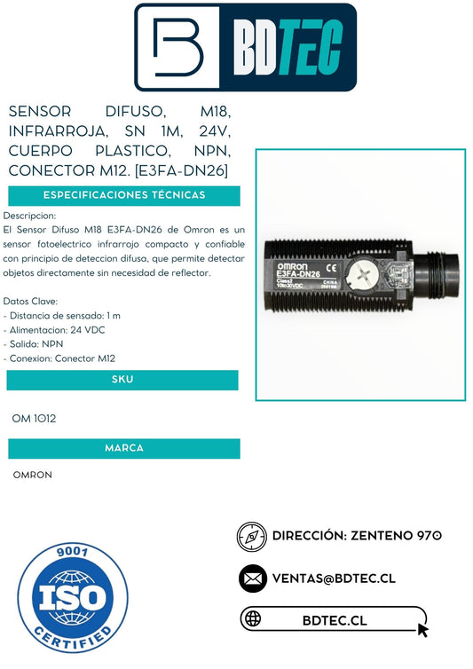 Sensor difuso, m18, infrarroja, sn 1m, 24v, cuerpo plastico, npn, conector m12. [E3FA-DN26]