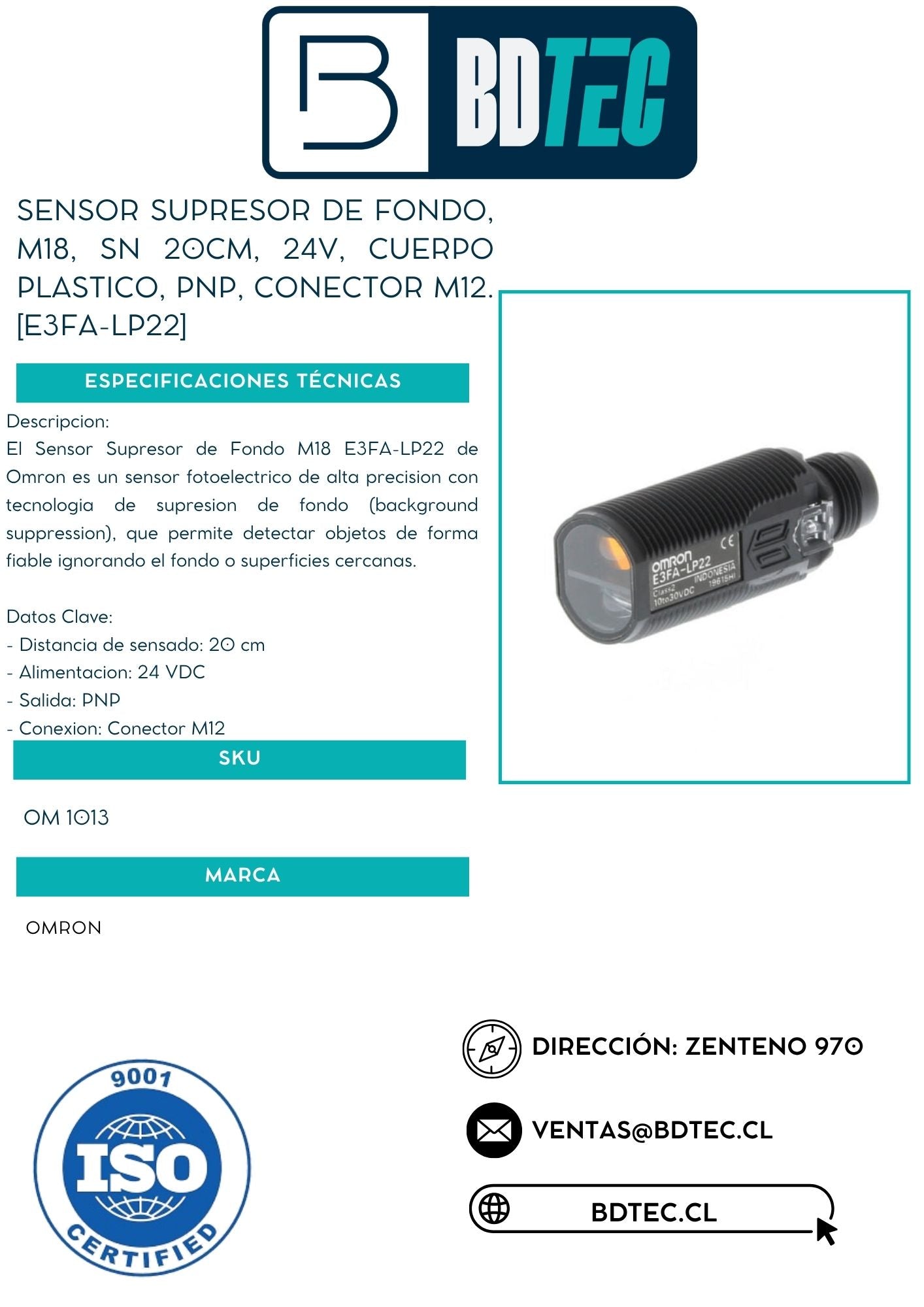 Sensor supresor de fondo, m18, sn 20cm, 24v, cuerpo plastico, pnp, conector m12. [E3FA-LP22]