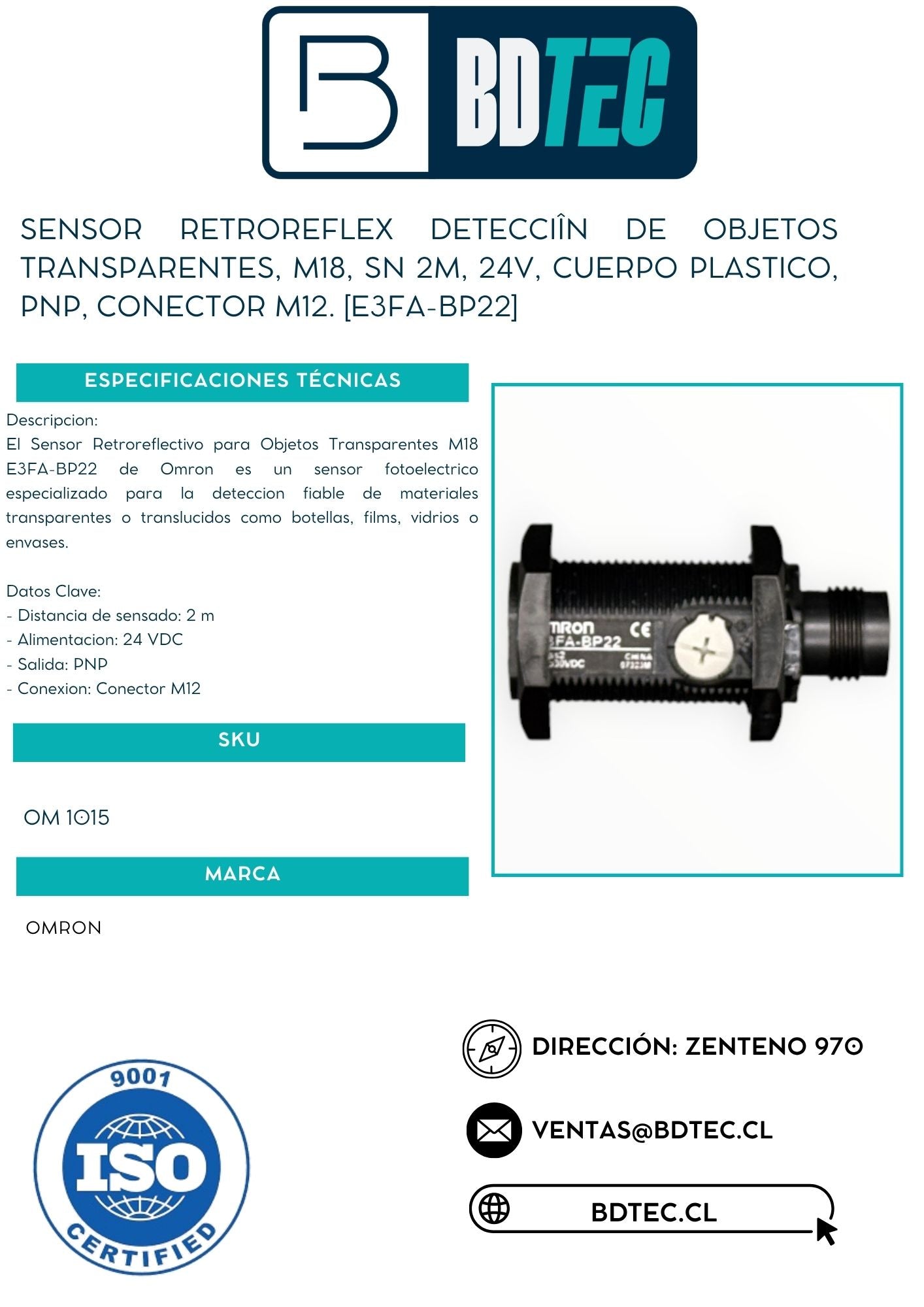 Sensor retroreflex detecciîn de objetos transparentes, m18, sn 2m, 24v, cuerpo plastico, pnp, conector m12. [E3FA-BP22]