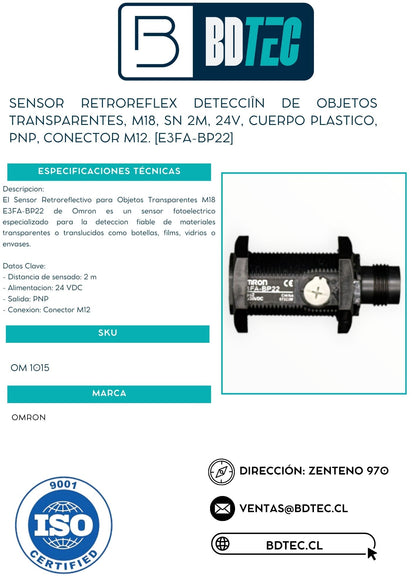 Sensor retroreflex detecciîn de objetos transparentes, m18, sn 2m, 24v, cuerpo plastico, pnp, conector m12. [E3FA-BP22]