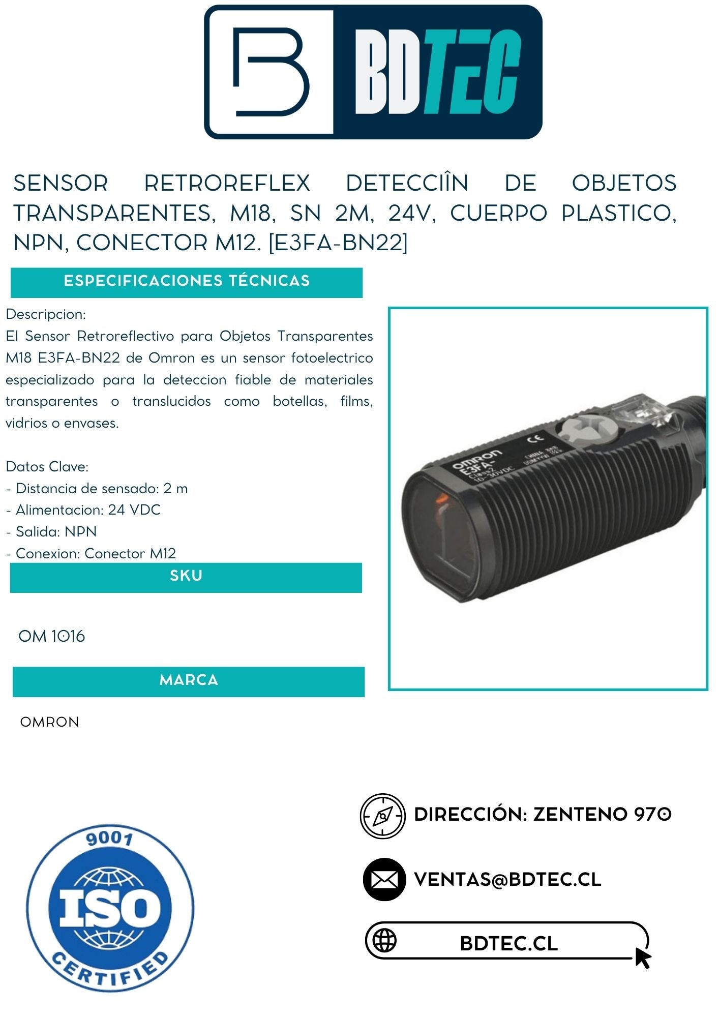 Sensor retroreflex detecciîn de objetos transparentes, m18, sn 2m, 24v, cuerpo plastico, npn, conector m12. [E3FA-BN22]
