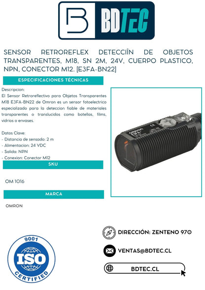 Sensor retroreflex detecciîn de objetos transparentes, m18, sn 2m, 24v, cuerpo plastico, npn, conector m12. [E3FA-BN22]