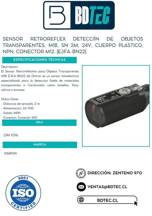 Sensor retroreflex detecciîn de objetos transparentes, m18, sn 2m, 24v, cuerpo plastico, npn, conector m12. [E3FA-BN22]